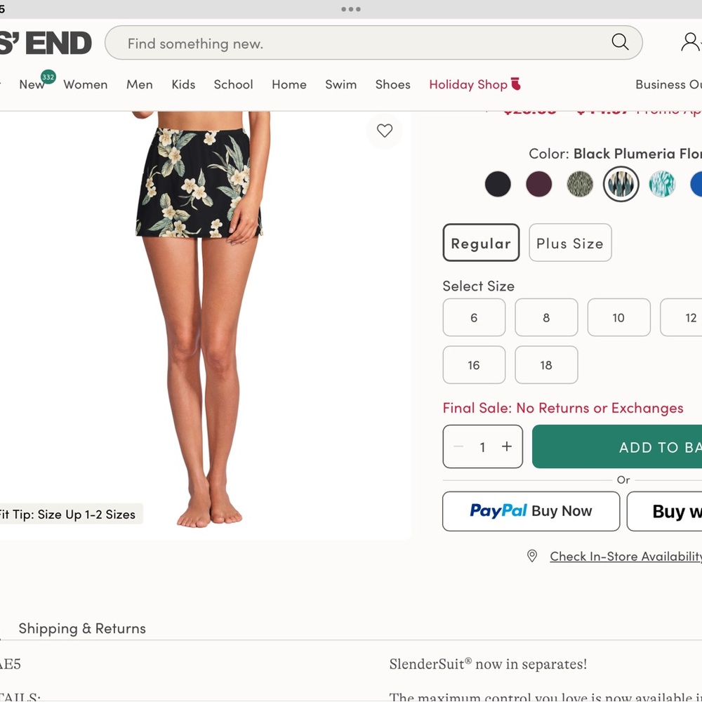 Lands end Black Floral Swim Skirt - 8